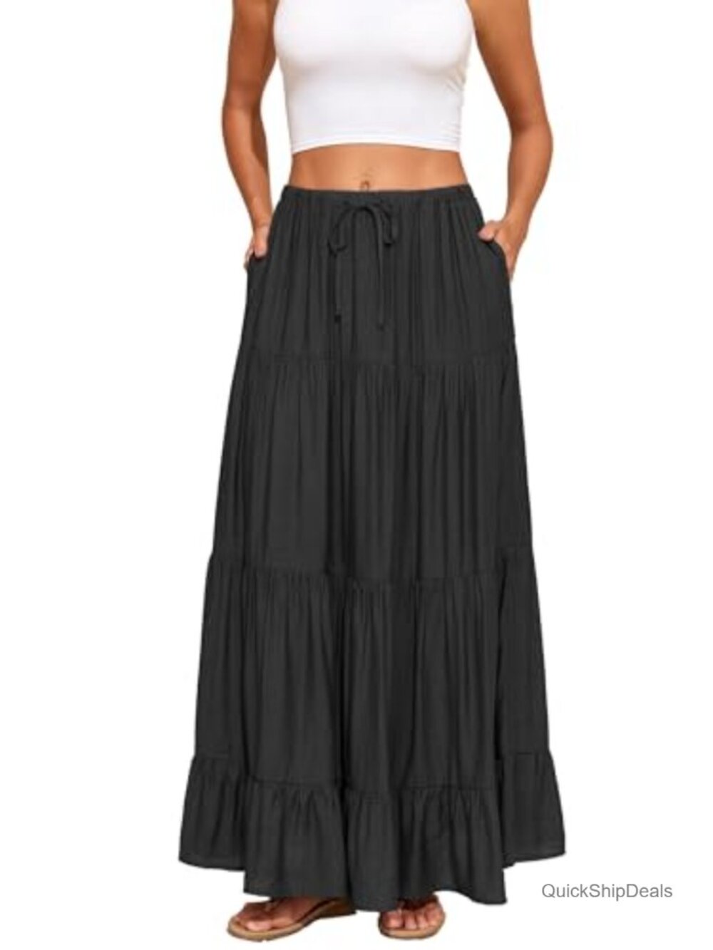 Flowy Tiered A Line Maxi Skirt Elastic Waist Beach Skirt with Pockets